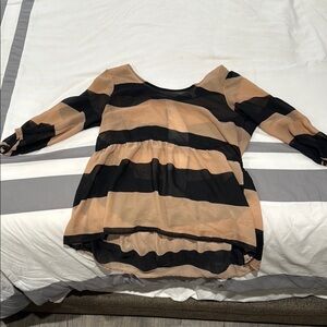 Charming Charlie Striped Black and Tan See through Blouse